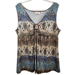 Avenue Top Blouse Women Size 14/16 Sleeveless Baby Doll Brown Blue Stretchy